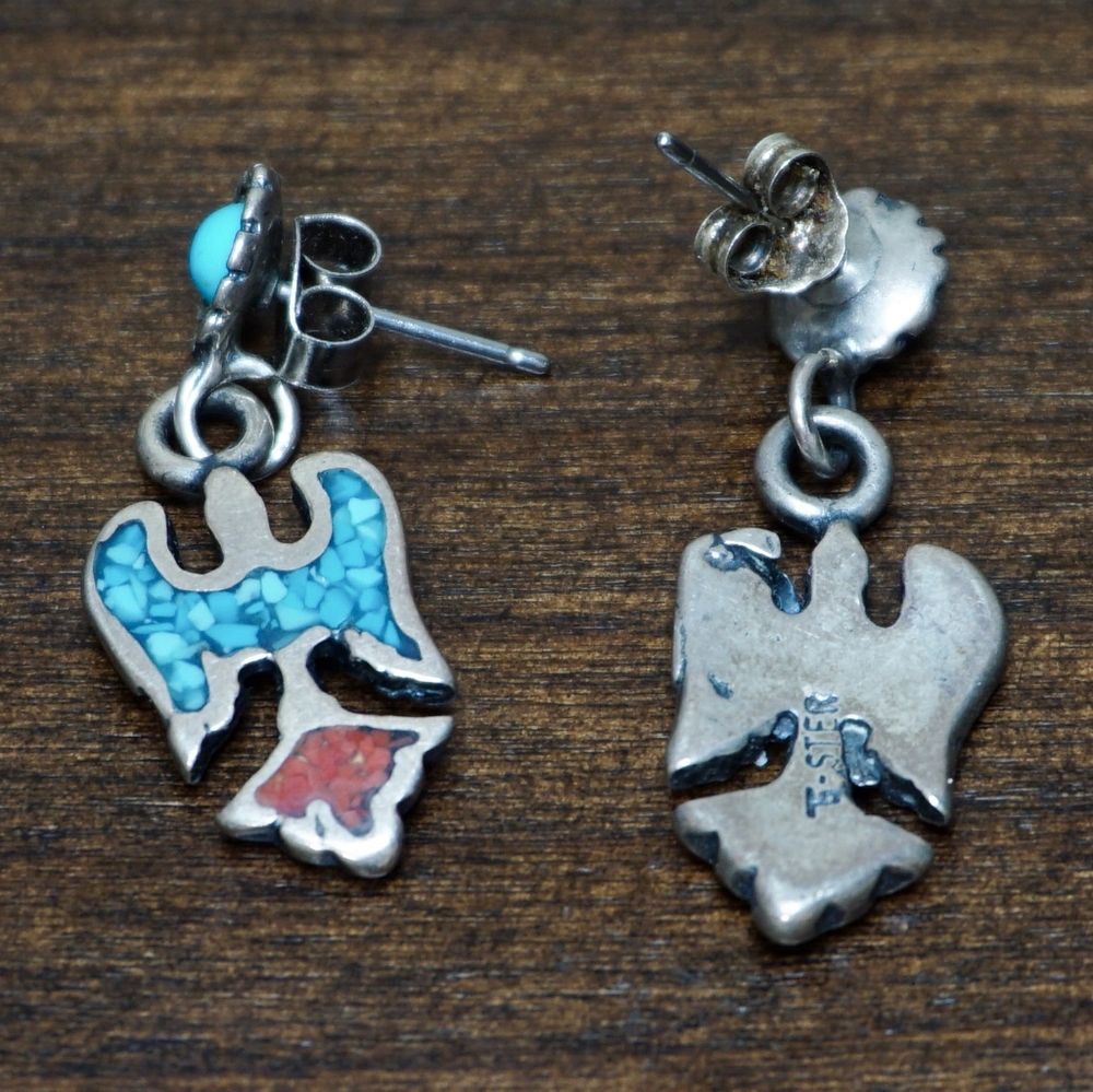Sterling Native American Turquoise Eagle Earrings - image 2